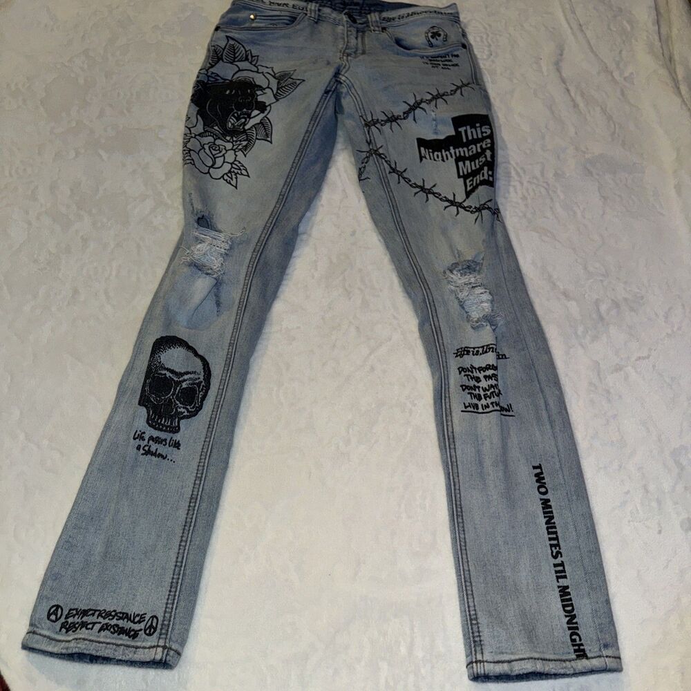 Ninth Hall Rogue Men's Skinny Jeans Graphic Print Lt Wash Sz 30W Gothic grunge